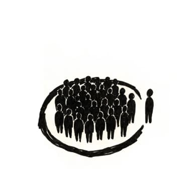 Hand-drawn marker illustration: a tight cluster of identical figures stands inside a drawn circle; the paper outside the circle is empty.
