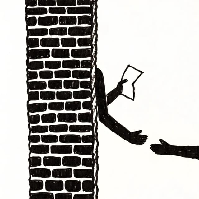 Hand-drawn marker illustration: through a small gap in a heavy brick wall, one hand passes a folded document to an open hand waiting on the other side.