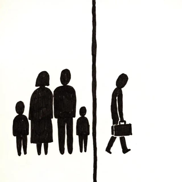 Hand-drawn marker illustration: a family with backs turned on one side of a heavy line; a lone figure walks away with a suitcase.