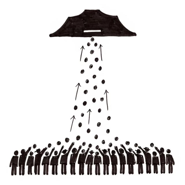 Hand-drawn marker illustration: a row of small figures releases coins that flow upward along arrows into one large building with a coin slot in its roof.