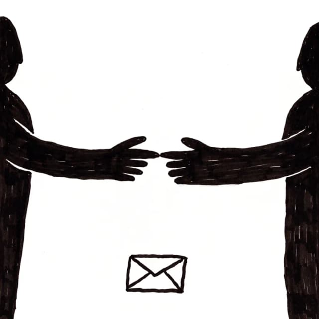 Hand-drawn marker illustration: two hands reach toward each other across a wide gap, fingertips almost touching, a small envelope floating between them.